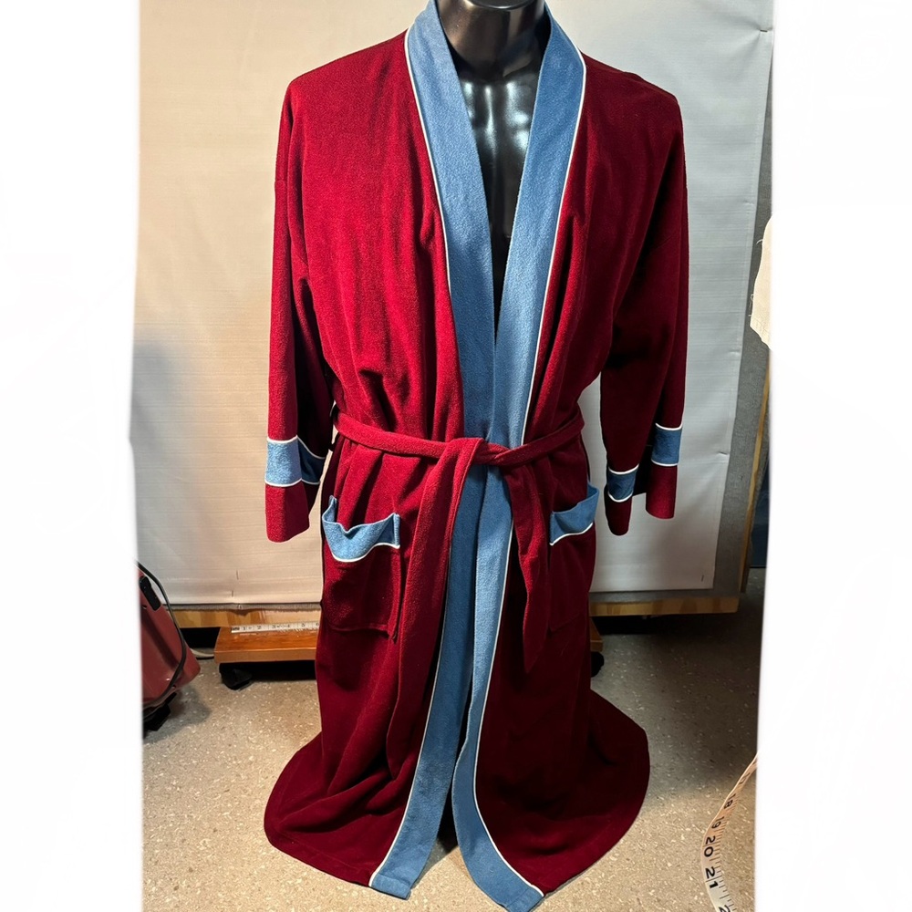 VTG Towncraft Velour magenta & blue wrap retro 80’s smoking robe with belt